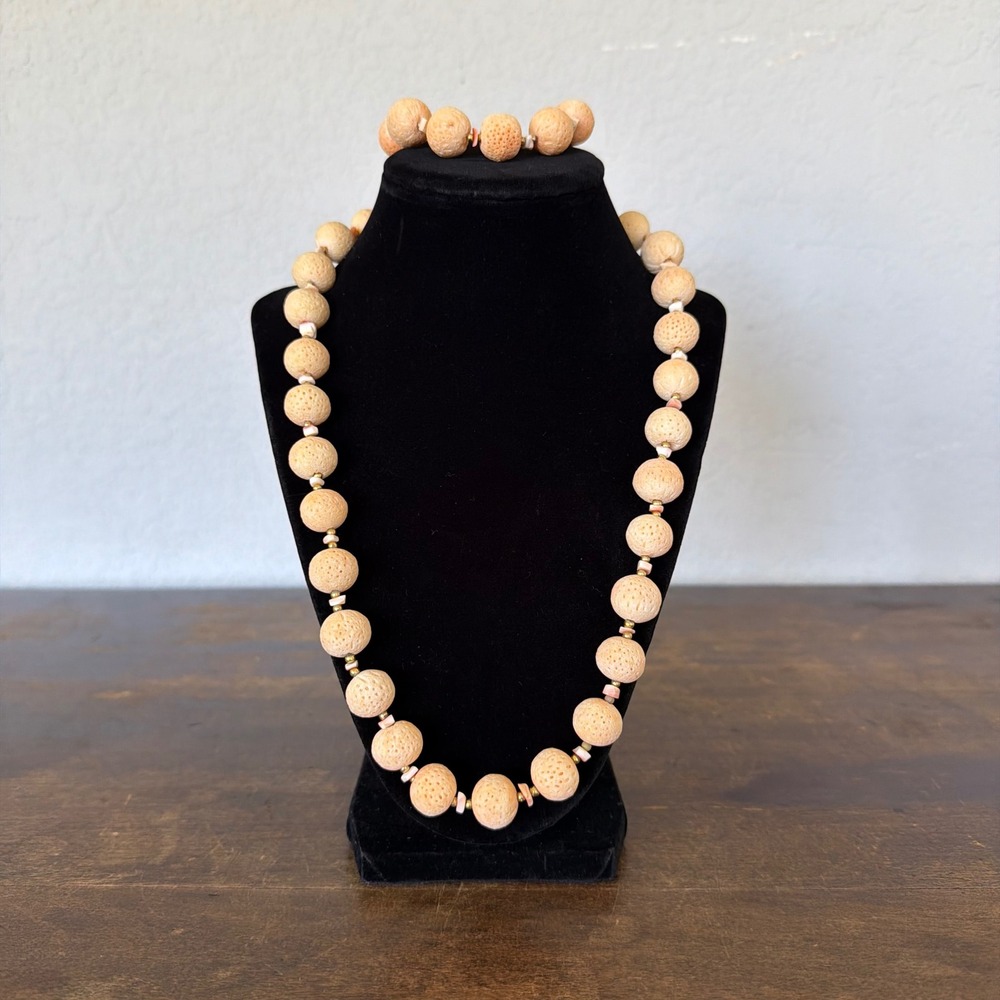 Peach Pink Sponge Coral Beaded Necklace Bracelet Set Vintage Coastal Boho Retro